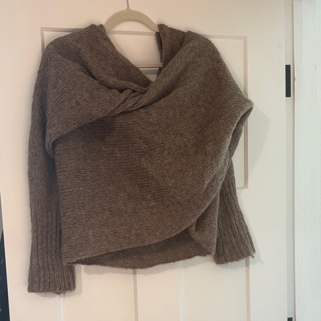 Off-Shoulder Wrap Knit Sweater In Taupe